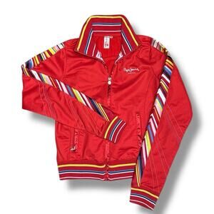 Vtg PEPE JEANS Track Jacket Bomber Coat Red Zippered Front Striped Kids Sz M 90s